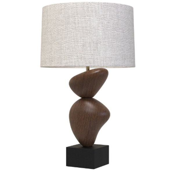 Lampa sto owa o wyrazistej formie z delikatnym akcentem w odcieniu bieli